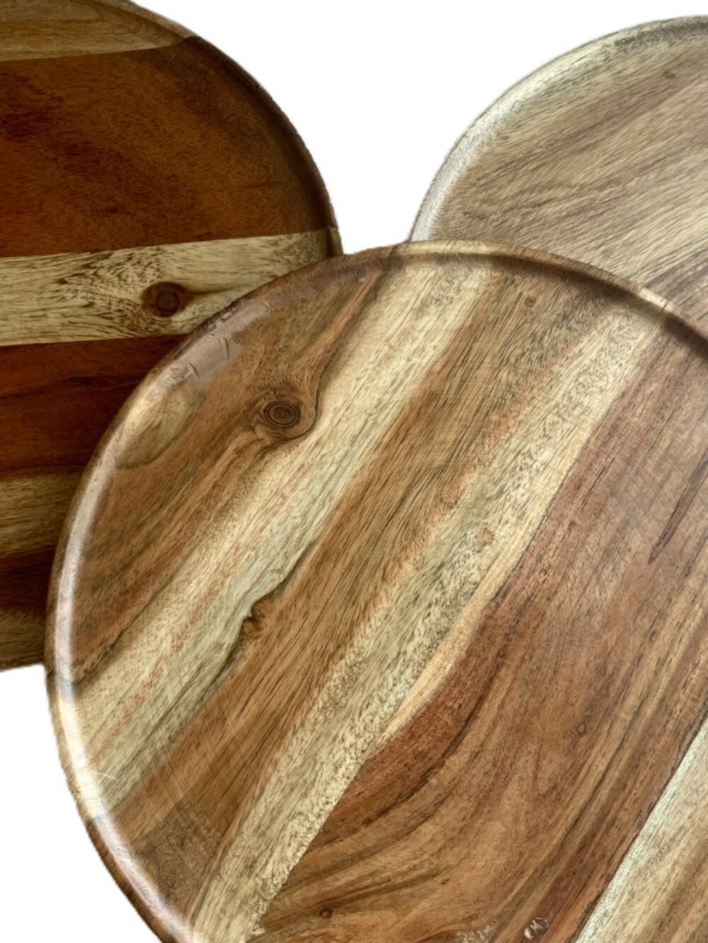 Set of 3 Handcrafted Acacia Wood Dinner Plates – Fluted Textured Rim